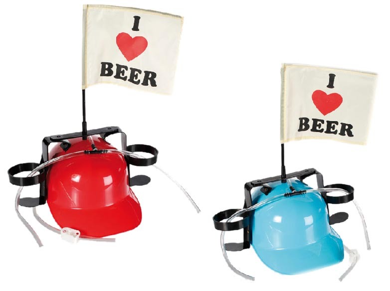 Drinking I Love Beer helmet with straws